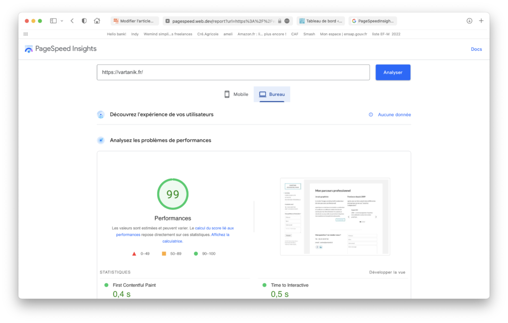 écran SEO PageSpeed Insights
